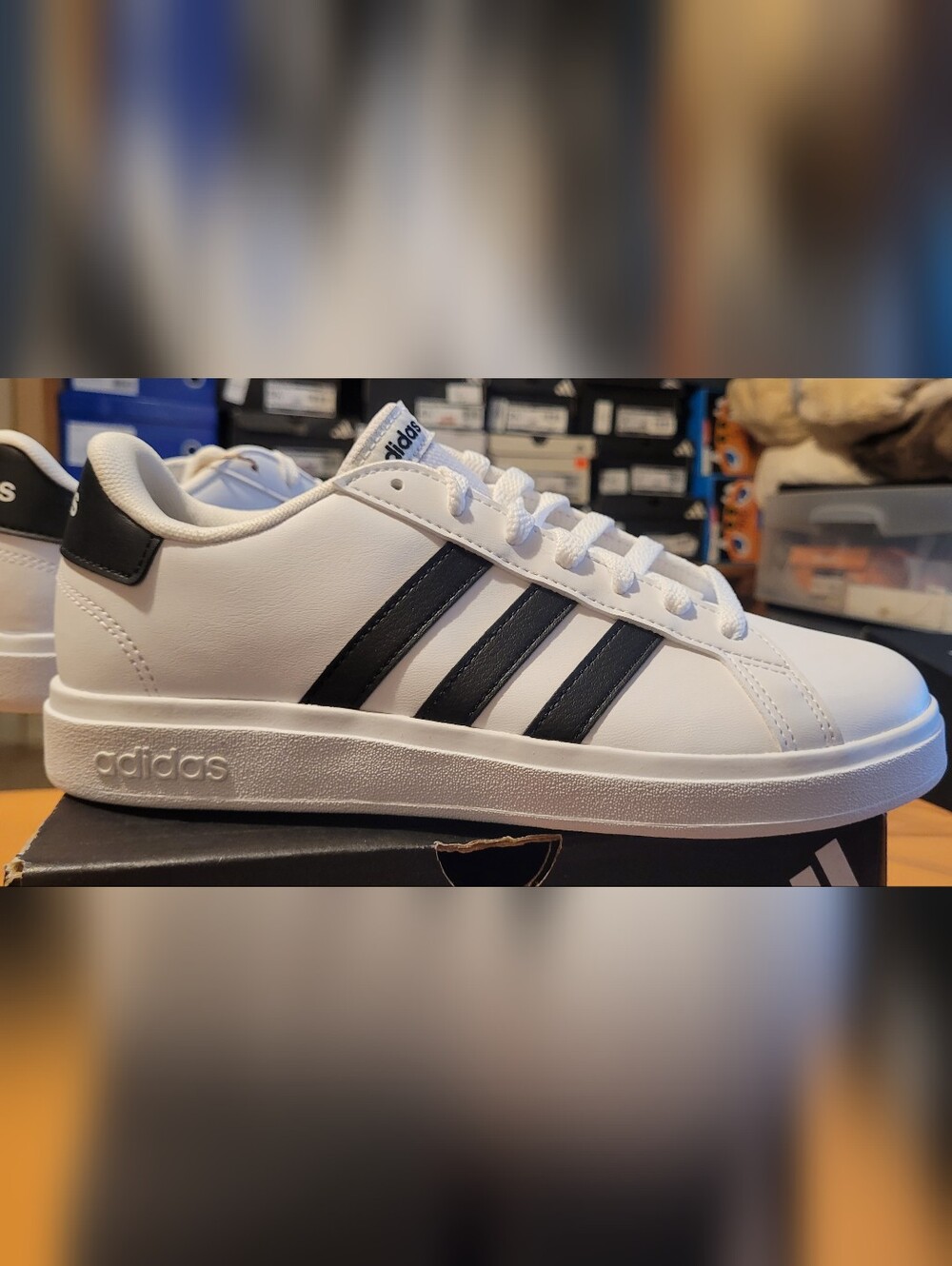Adidas Grand Court Sz 6 White Sneakers with Black Three-Stripes